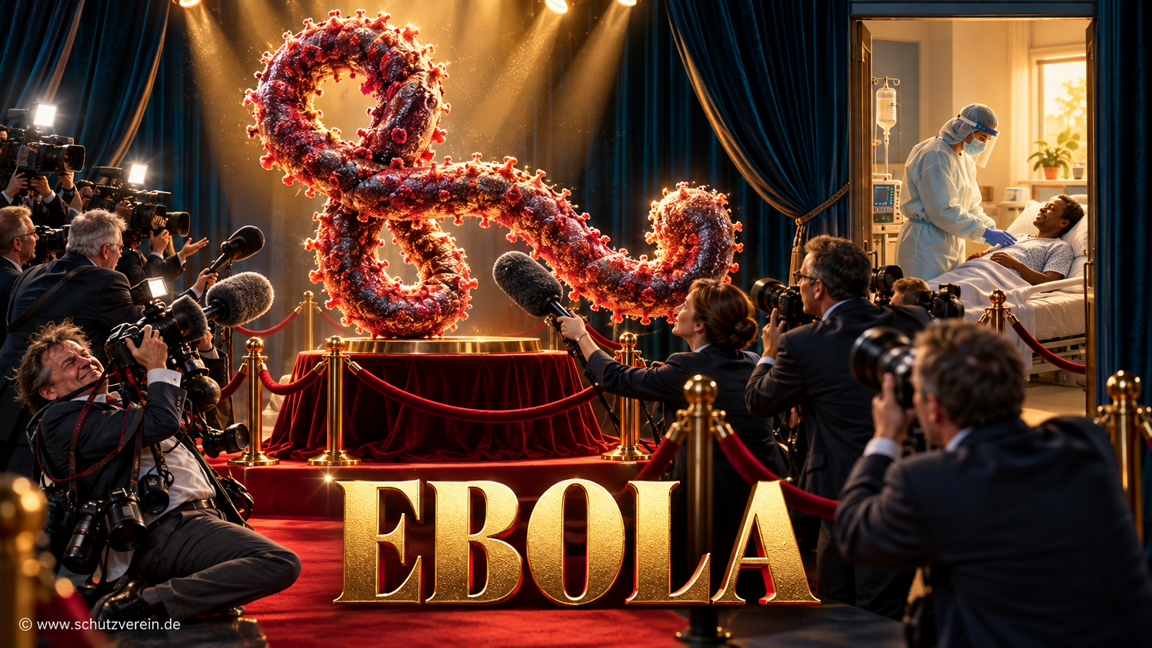 Satirisches Kinoplakat: Ein großes verschlungenes Virusmotiv auf einer Bühne, umringt von Reportern. Im Hintergrund betreut eine Pflegekraft einen Patienten. Titel: Ebola.